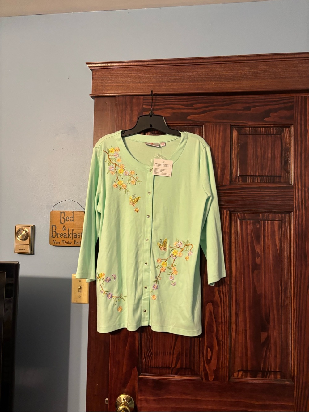 Light Green Floral-Embroidered Button Cardigan Sweater